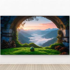 Dragon Egg Fantasy Glass Wall Art, Mystical Mountain Landscape, Ancient Stone Arch Decor