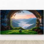 Dragon Egg Fantasy Glass Wall Art, Mystical Mountain Landscape, Ancient Stone Arch Decor