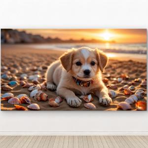 Adorable Dog Tempered Glass Print, Puppy with Ocean View Wall Art
