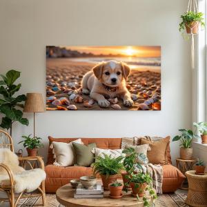 Adorable Dog Tempered Glass Print, Puppy with Ocean View Wall Art