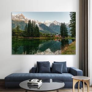 Alpine Mountain Lake Tempered Glass Wall Art, Snowy Peak Reflection Glass Decor