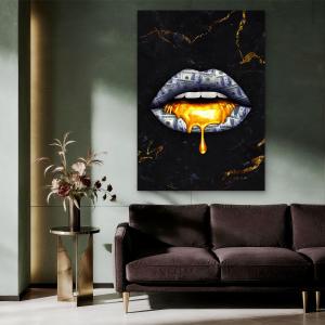 Tempered Glass Wall Art, Money Lips Dripping Gold, Black Marble Motivational Decor