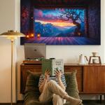 Tempered Glass Wall Art, Sunset Mountain View, Mystic Tree Landscape, Large Glass Printing