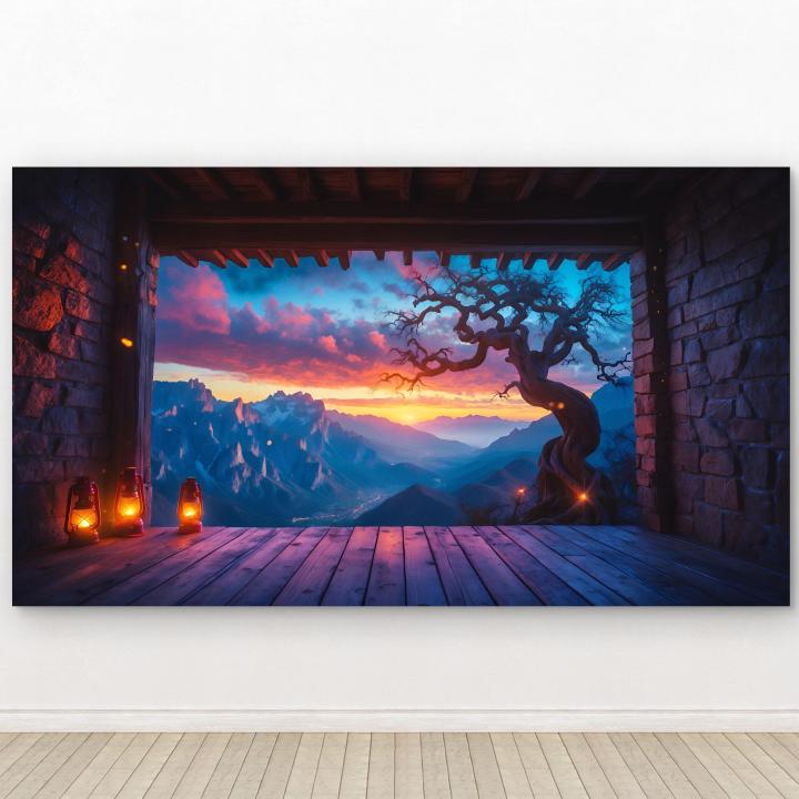 Tempered Glass Wall Art, Sunset Mountain View, Mystic Tree Landscape, Large Glass Printing