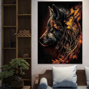 Majestic Wolf Tempered Glass Wall Art, Golden Forest Animal Decor,Large