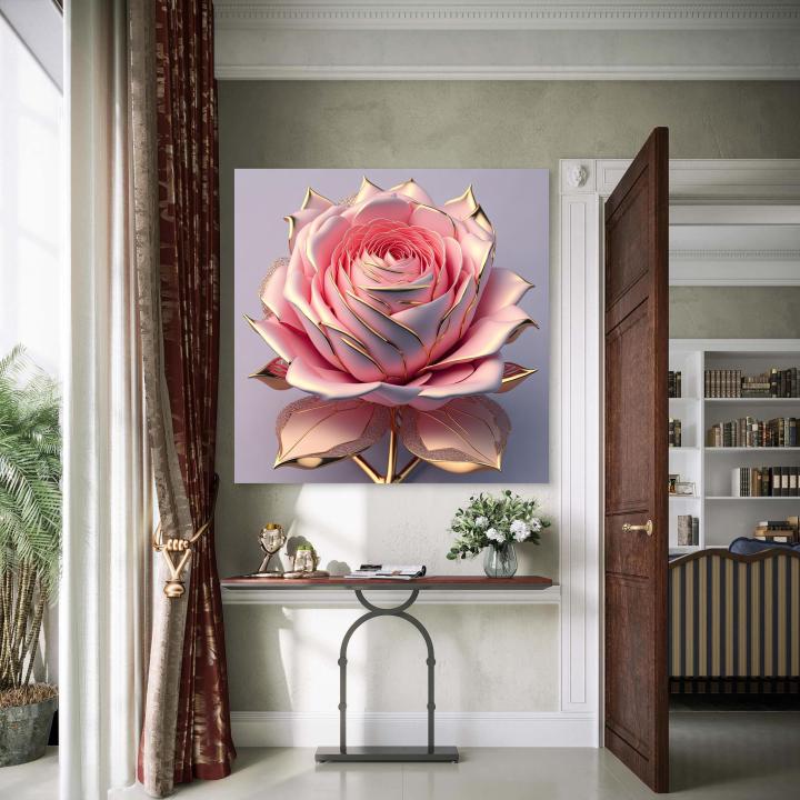 Pink Rose Tempered Glass Wall Art, Gold Trimmed Floral Decor, 3D Effect Hanging