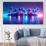 Neon Tropical Island Glass Wall Art, Cyberpunk Palm Trees, Synthwave Sunset Decor