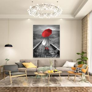 Red Umbrella Glass Art, Black White Landscape Railway Track Wall Decor