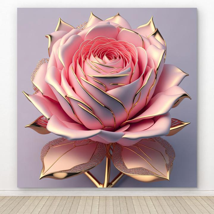 Pink Rose Tempered Glass Wall Art, Gold Trimmed Floral Decor, 3D Effect Hanging