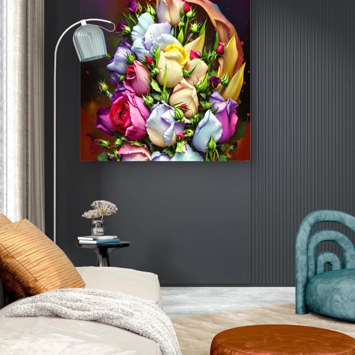 Modern Botanical Wall Art – Tempered Glass Panel Featuring Vibrant Roses & Tulips