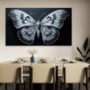 3D Effect Butterfly Glass Wall Art, Silver Blue Monarch Print, Tempered Decor